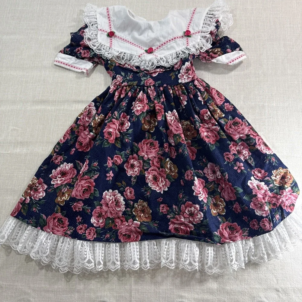 Vtg Pazazz Dress Girls 3 Prairie Floral Lace‎ Ruffle Cottagecore USA Made